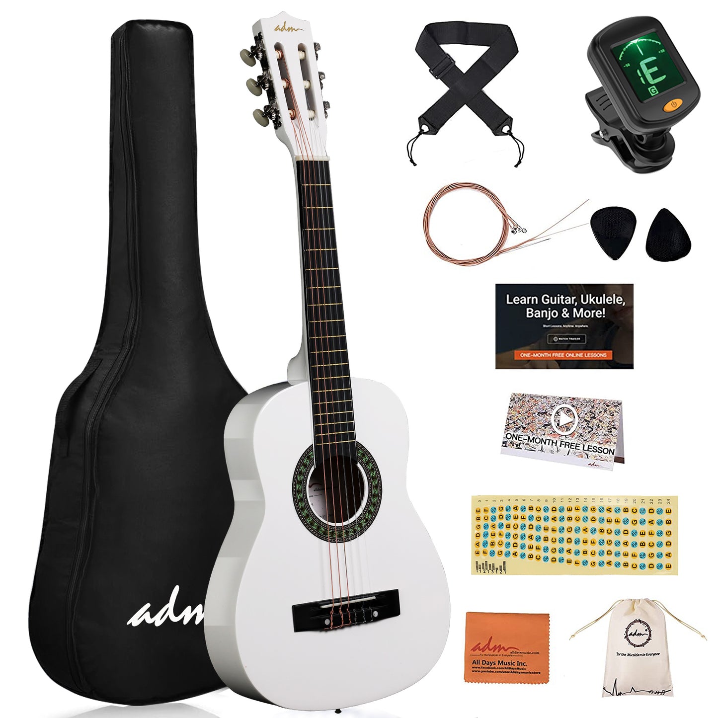 ADM Beginner Acoustic Classical Guitar Nylon Strings Wooden Guitar Bundle Kit for Kid Boy Girl Student Youth Guitarra Online Lessons with Gig Bag, Strap, Tuner, Picks (30 Inch, White)