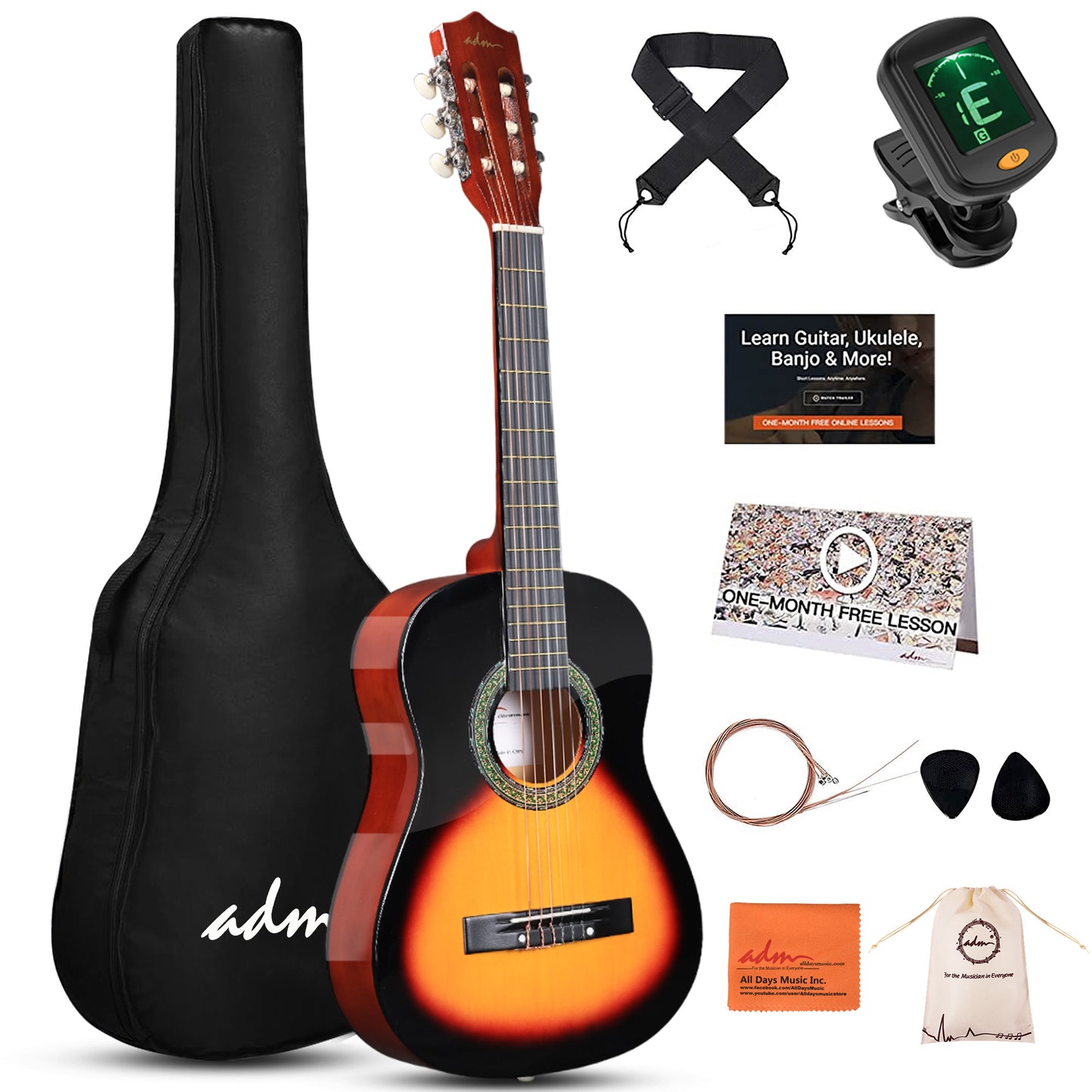 ADM Beginner Acoustic Classical Guitar Nylon Strings Wooden Guitar Bundle Kit for Kid Boy Girl Student Youth Guitarra Online Lessons with Gig Bag, Strap, Tuner, Strings, Picks (34 Inch, Sunburst)