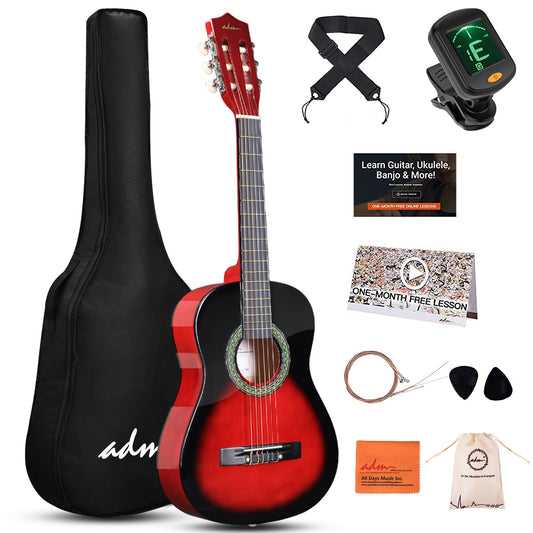 ADM Beginner Acoustic Classical Guitar Nylon Strings Wooden Guitar Bundle Kit for Kid Boy Girl Student Youth Guitarra Online Lessons with Gig Bag, Strap, Tuner, Strings, Picks (34 Inch, Redburst)