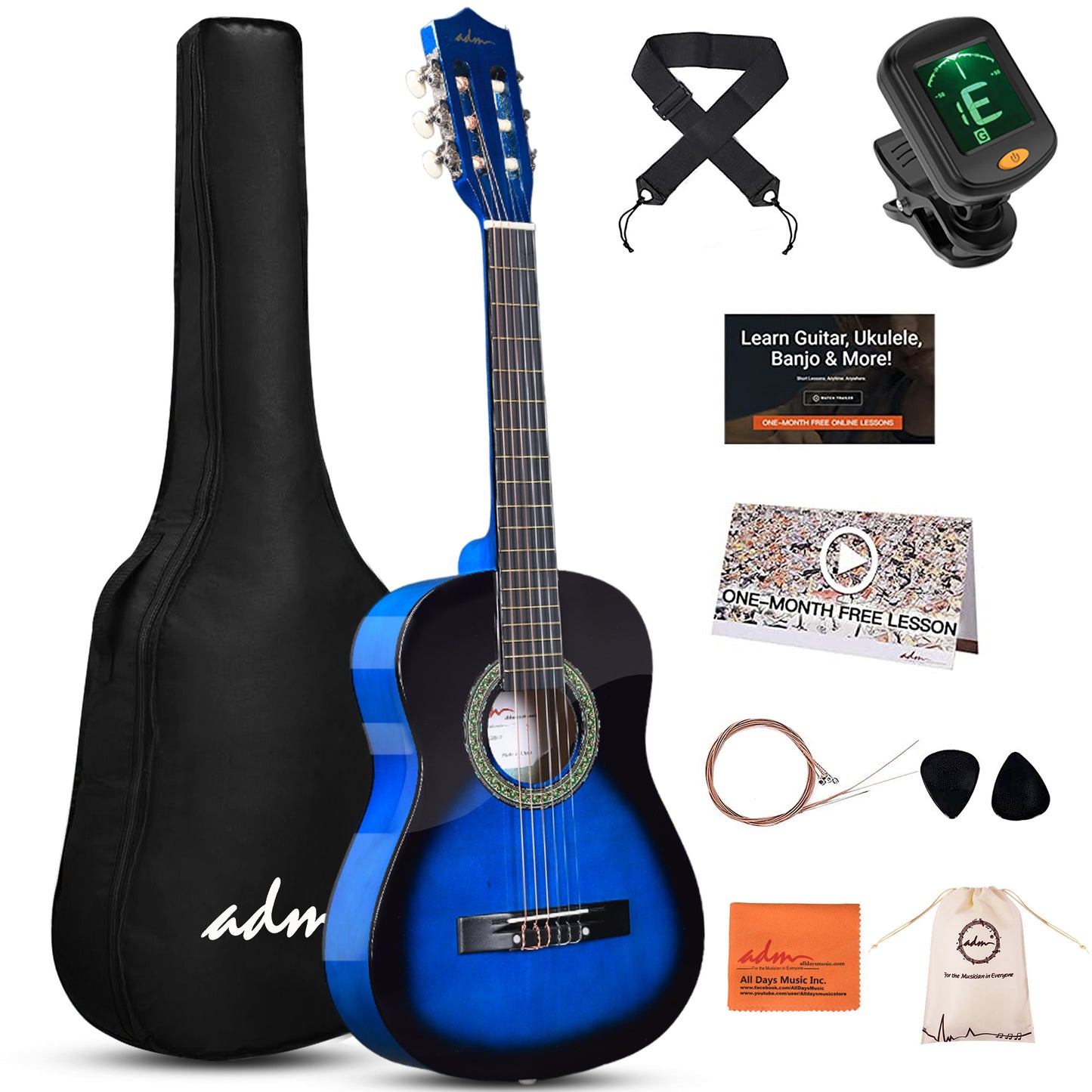 ADM Beginner Acoustic Classical Guitar Nylon Strings Wooden Guitar Bundle Kit for Kid Boy Girl Student Youth Guitarra Online Lessons with Gig Bag, Strap, Tuner, Strings, Picks (34 Inch, Blueburst)