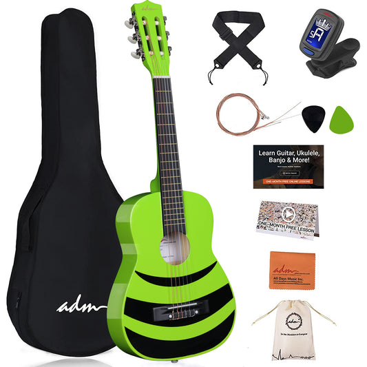 ADM Beginner Acoustic Classical Guitar Nylon Strings Wooden Guitar Bundle Kit for Kid Boy Girl Student Youth Guitarra Online Lessons with Gig Bag, Strap, Tuner, Picks (30 Inch, Geen)