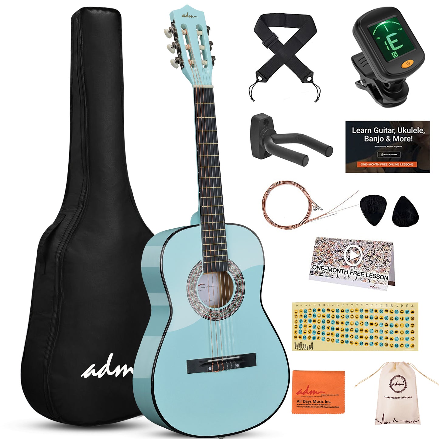 ADM Beginner Acoustic Classical Guitar 38 Inch Nylon Strings Wooden Guitar Bundle Kit for Kid Boy Girl Student Youth Guitarra Online Lessons with Gig Bag, Strap, Tuner, Strings, Cyan Green