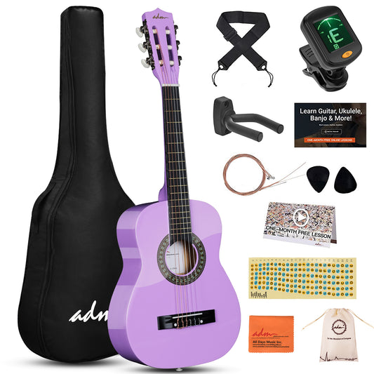 ADM Beginner Acoustic Classical Guitar 30 Inch Nylon Strings Wooden Guitar Bundle Kit for Kid Boy Girl Student Youth Guitarra Online Lessons with Gig Bag, Strap, Tuner, Strings, Picks, Purple