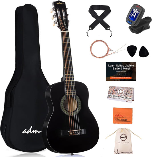 ADM Beginner Acoustic Classical Guitar 30 Inch Nylon Strings Wooden Guitar Bundle Kit for Kid Boy Girl Student Youth Guitarra Online Lessons with Gig Bag, Strap, Tuner, Extra Strings, Picks,Black