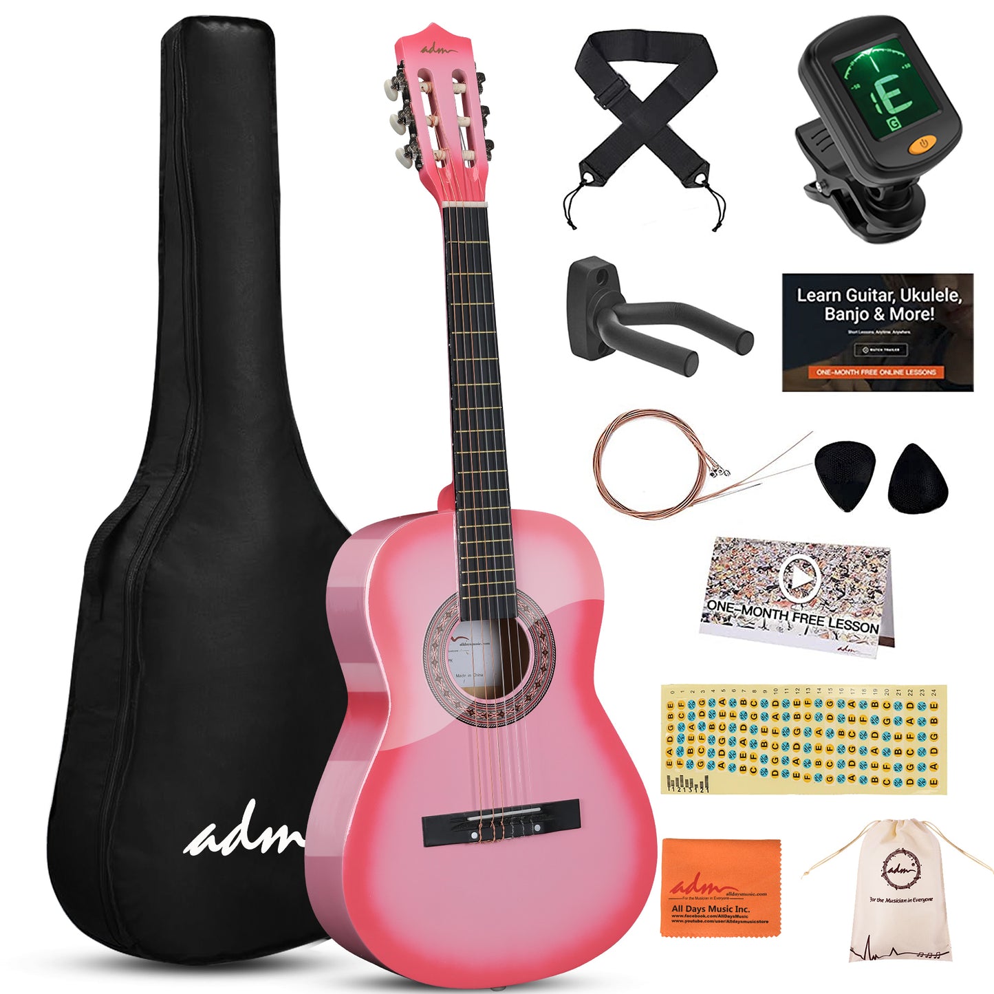 ADM Beginner Acoustic Classical Guitar 34 Inch Nylon Strings Wooden Guitar Bundle Kit for Kid Boy Girl Student Youth Guitarra Online Lessons with Gig Bag, Strap, Tuner, Strings, Picks, Pink