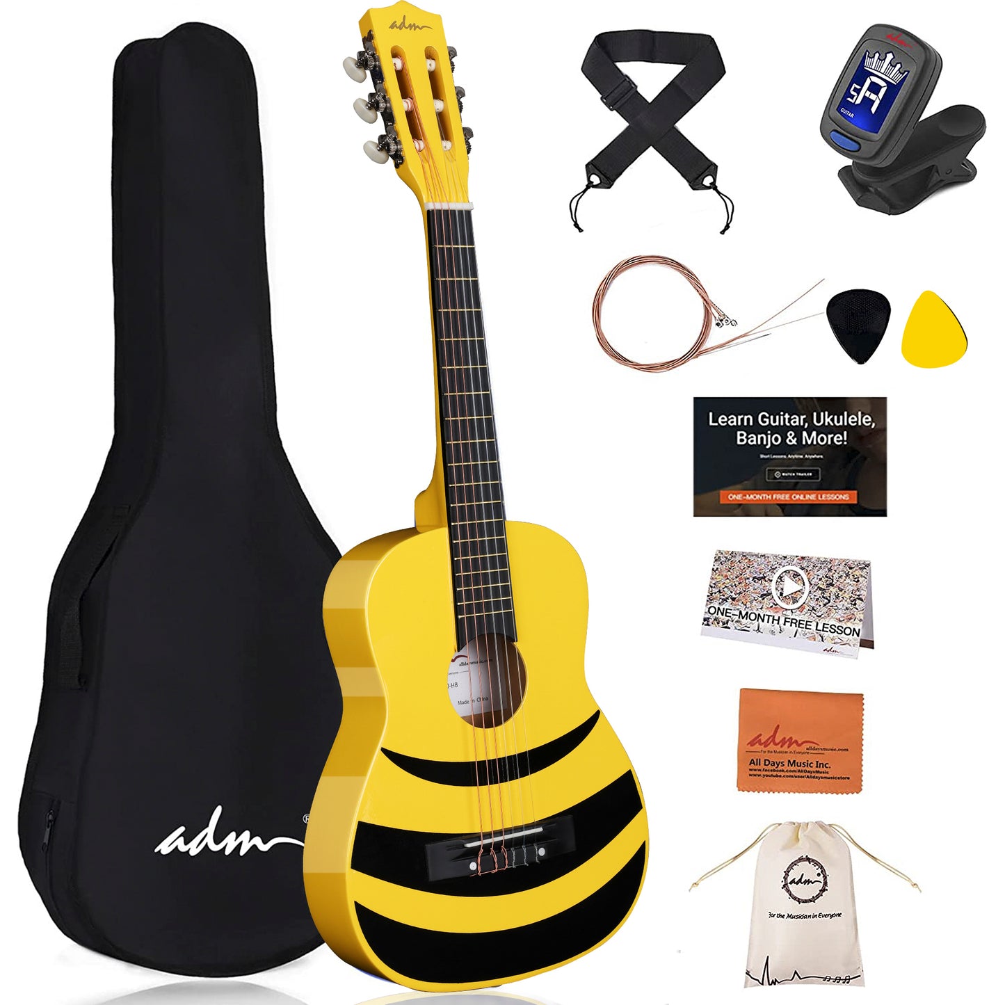 ADM Beginner Acoustic Classical Guitar Nylon Strings Wooden Guitar Bundle Kit for Kid Boy Girl Student Youth Guitarra Online Lessons with Gig Bag, Strap, Tuner, Picks (30 Inch, Honey Bee)