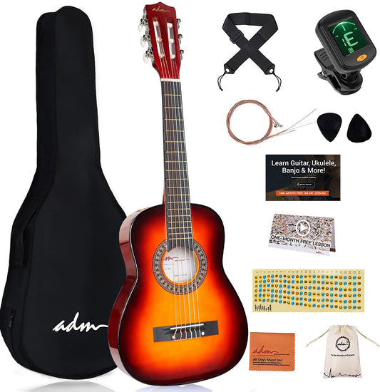 ADM Beginner Acoustic Classical Guitar 30 Inch Nylon Strings Wooden Guitar Bundle Kit for Kid Boy Girl Student Youth Guitarra Online Lessons with Gig Bag, Strap, Tuner, Extra String,Pick,Sunbrust