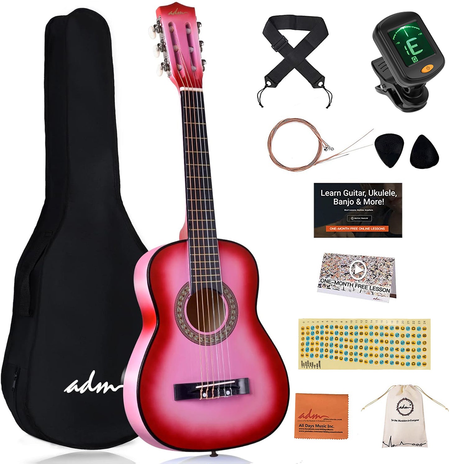 ADM Beginner Acoustic Classical Guitar 30 Inch Nylon Strings Wooden Guitar Bundle Kit for Kid Boy Girl Student Youth Guitarra Online Lessons with Gig Bag, Strap, Tuner, Extra Strings, Picks,Pink