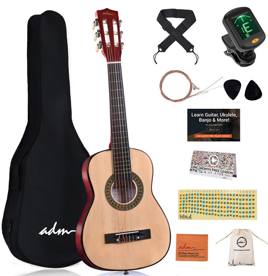 ADM Beginner Acoustic Classical Guitar 30 Inch Nylon Strings Wooden Guitar Bundle Kit for Kid Boy Girl Student Youth Guitarra Online Lessons with Gig Bag, Strap, Tuner, Extra String, Pick,Natural