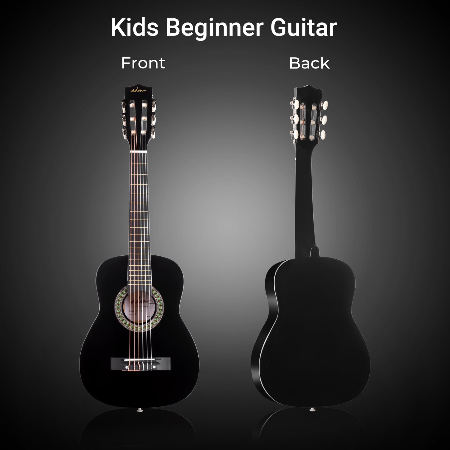 ADM Beginner Acoustic Classical Guitar 30 Inch Nylon Strings Wooden Guitar Bundle Kit for Kid Boy Girl Student Youth Guitarra Online Lessons with Gig Bag, Strap, Tuner, Extra Strings, Picks,Black