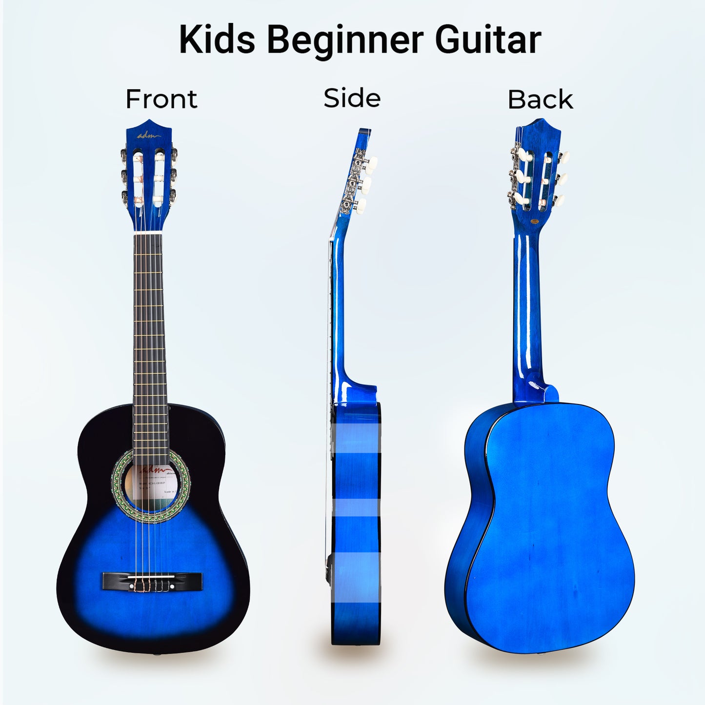 ADM Beginner Acoustic Classical Guitar Nylon Strings Wooden Guitar Bundle Kit for Kid Boy Girl Student Youth Guitarra Online Lessons with Gig Bag, Strap, Tuner, Strings, Picks (34 Inch, Blueburst)