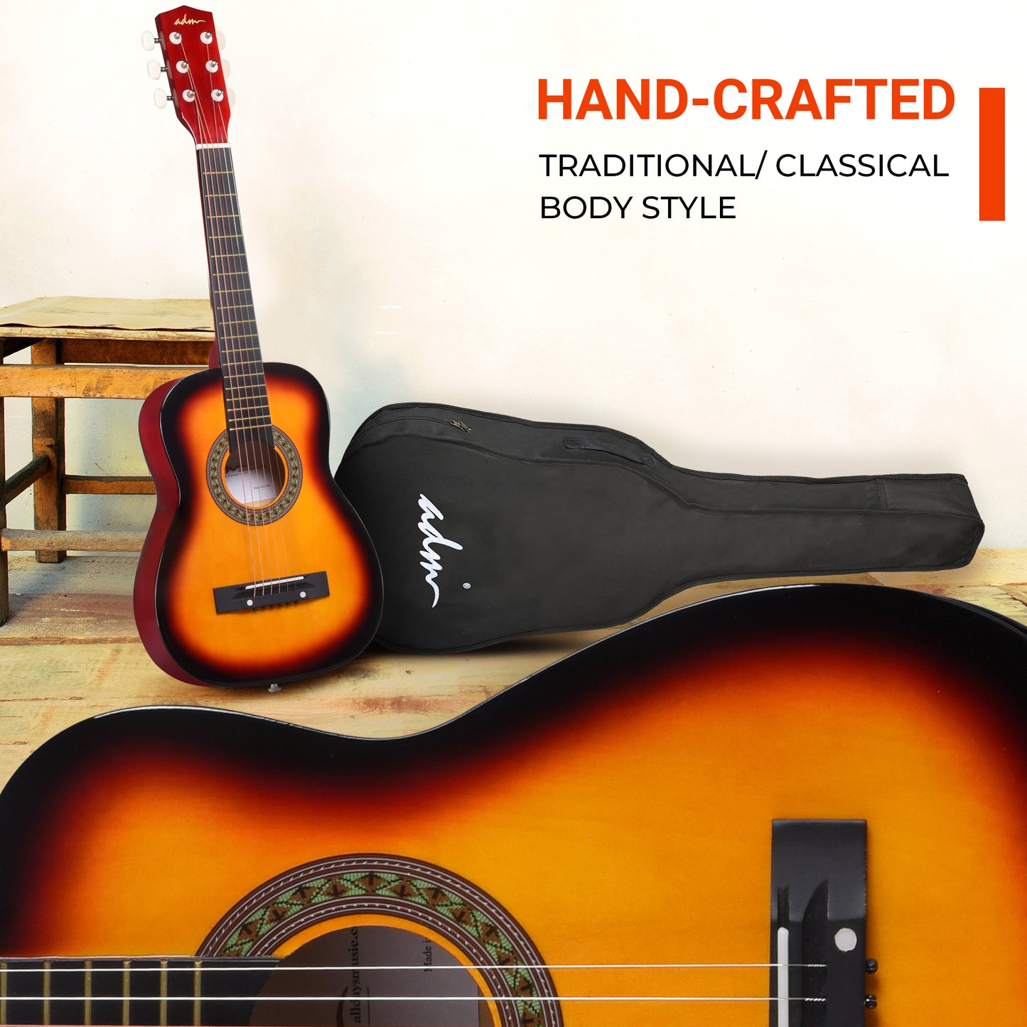 ADM Beginner Acoustic Classical Guitar 30 Inch Nylon Strings Wooden Guitar Bundle Kit for Kid Boy Girl Student Youth Guitarra Online Lessons with Gig Bag, Strap, Tuner, Extra String,Pick,Sunbrust