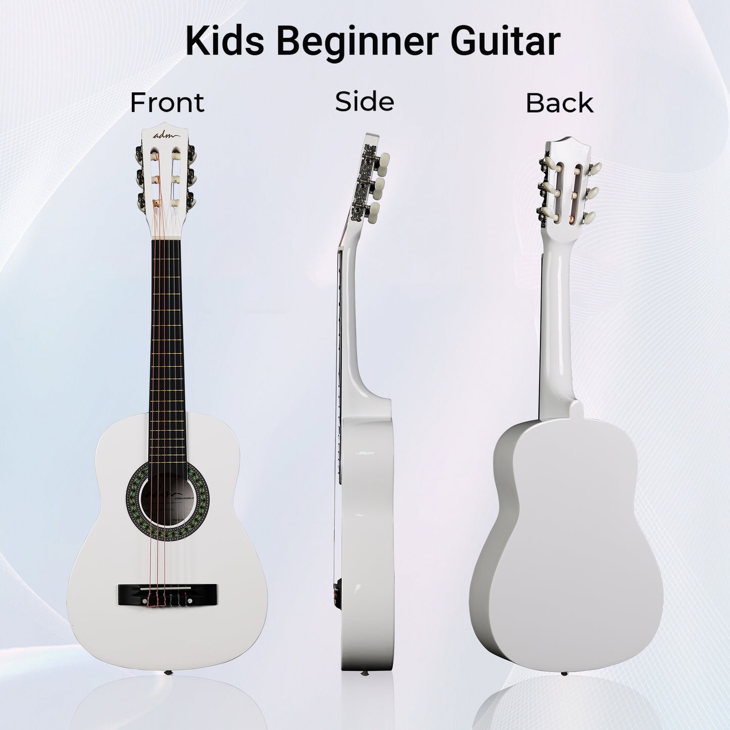 ADM Beginner Acoustic Classical Guitar Nylon Strings Wooden Guitar Bundle Kit for Kid Boy Girl Student Youth Guitarra Online Lessons with Gig Bag, Strap, Tuner, Picks (30 Inch, White)