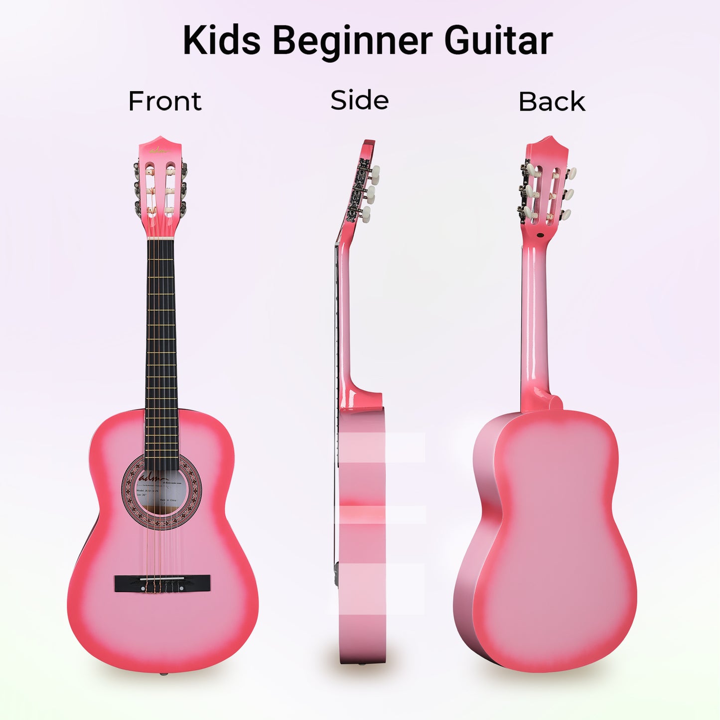 ADM Beginner Acoustic Classical Guitar 34 Inch Nylon Strings Wooden Guitar Bundle Kit for Kid Boy Girl Student Youth Guitarra Online Lessons with Gig Bag, Strap, Tuner, Strings, Picks, Pink