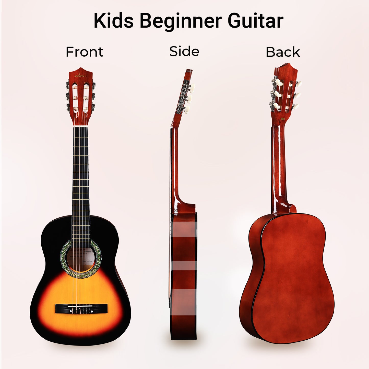 ADM Beginner Acoustic Classical Guitar Nylon Strings Wooden Guitar Bundle Kit for Kid Boy Girl Student Youth Guitarra Online Lessons with Gig Bag, Strap, Tuner, Strings, Picks (34 Inch, Sunburst)