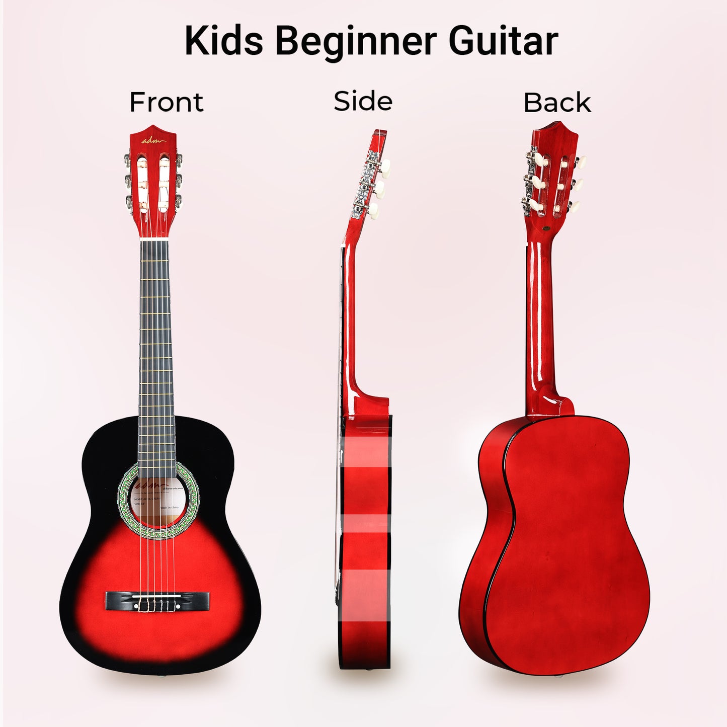 ADM Beginner Acoustic Classical Guitar Nylon Strings Wooden Guitar Bundle Kit for Kid Boy Girl Student Youth Guitarra Online Lessons with Gig Bag, Strap, Tuner, Strings, Picks (34 Inch, Redburst)