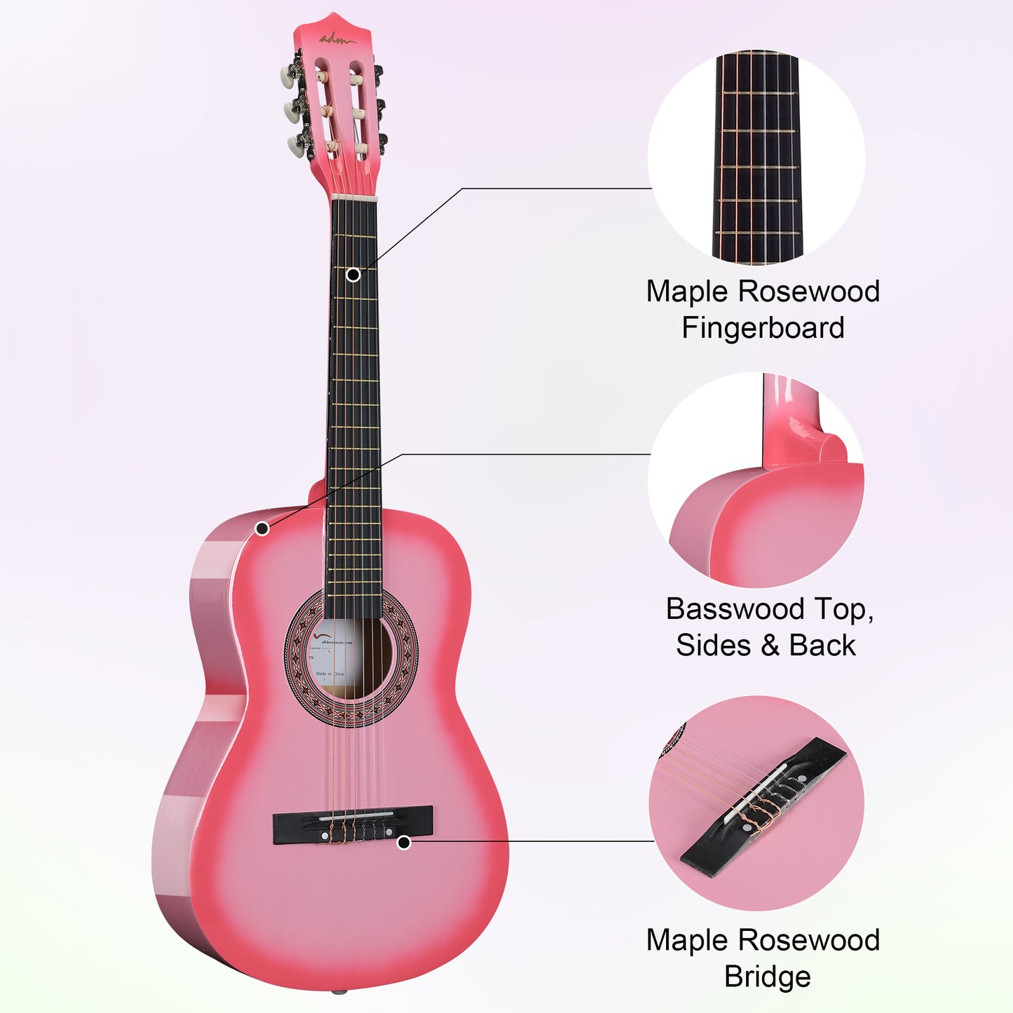 ADM Beginner Acoustic Classical Guitar 34 Inch Nylon Strings Wooden Guitar Bundle Kit for Kid Boy Girl Student Youth Guitarra Online Lessons with Gig Bag, Strap, Tuner, Strings, Picks, Pink