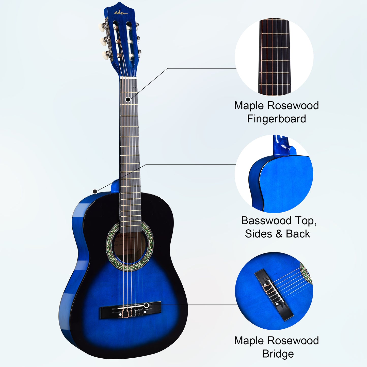 ADM Beginner Acoustic Classical Guitar Nylon Strings Wooden Guitar Bundle Kit for Kid Boy Girl Student Youth Guitarra Online Lessons with Gig Bag, Strap, Tuner, Strings, Picks (34 Inch, Blueburst)