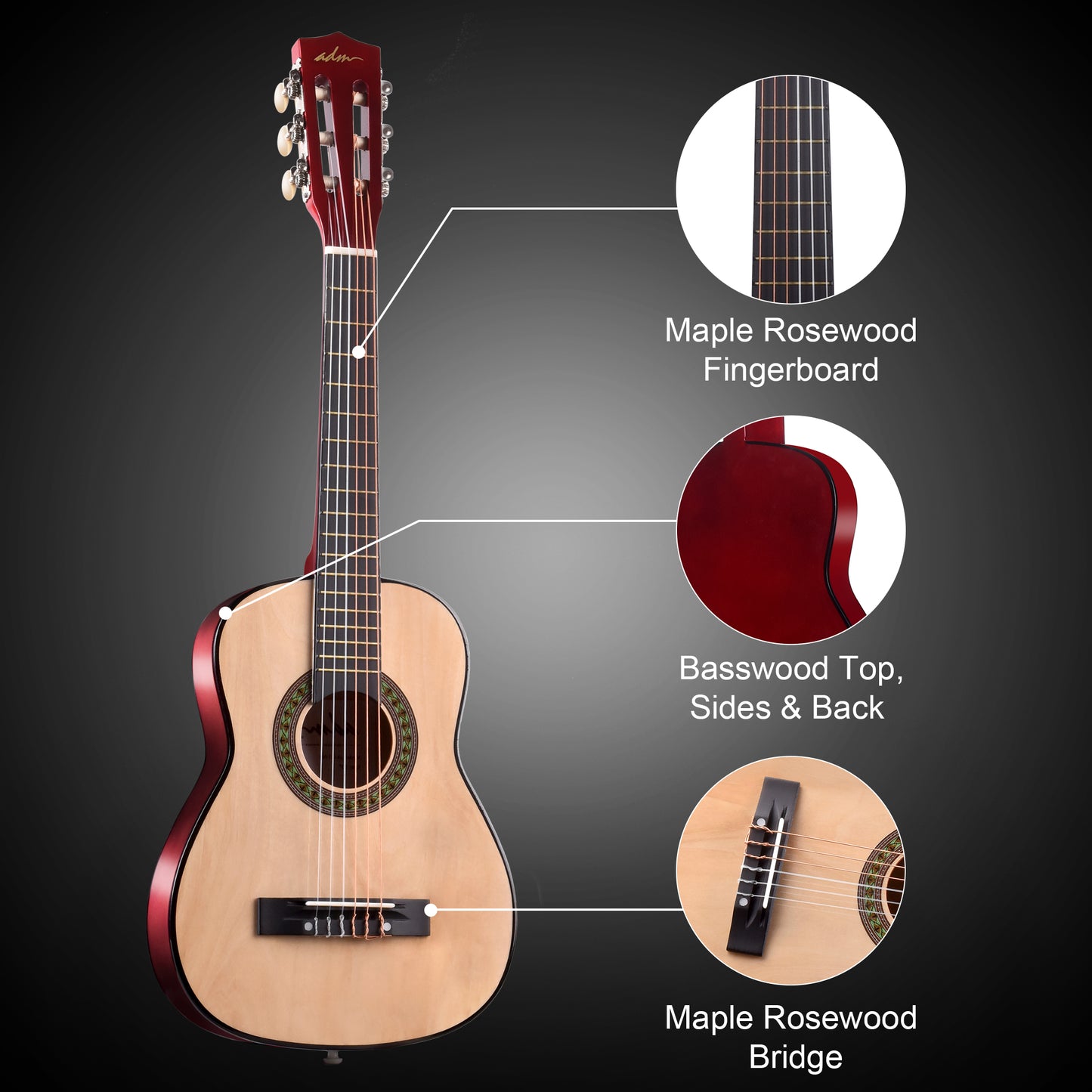 ADM Beginner Acoustic Classical Guitar 30 Inch Nylon Strings Wooden Guitar Bundle Kit for Kid Boy Girl Student Youth Guitarra Online Lessons with Gig Bag, Strap, Tuner, Extra String, Pick,Natural