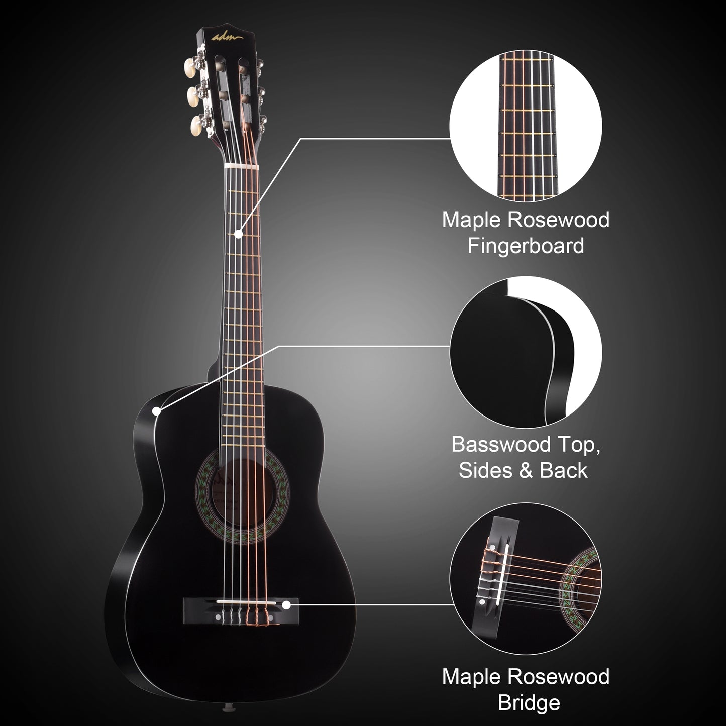 ADM Beginner Acoustic Classical Guitar 30 Inch Nylon Strings Wooden Guitar Bundle Kit for Kid Boy Girl Student Youth Guitarra Online Lessons with Gig Bag, Strap, Tuner, Extra Strings, Picks,Black