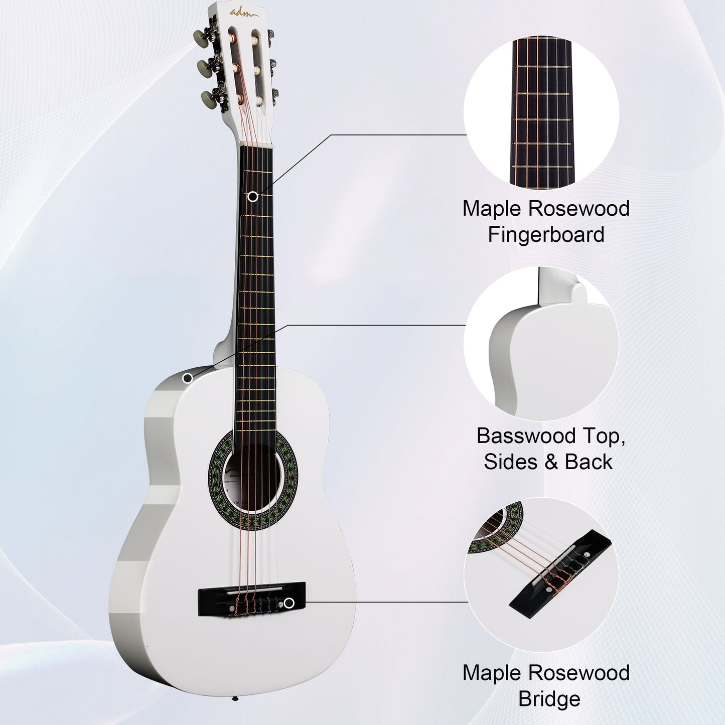 ADM Beginner Acoustic Classical Guitar Nylon Strings Wooden Guitar Bundle Kit for Kid Boy Girl Student Youth Guitarra Online Lessons with Gig Bag, Strap, Tuner, Picks (30 Inch, White)