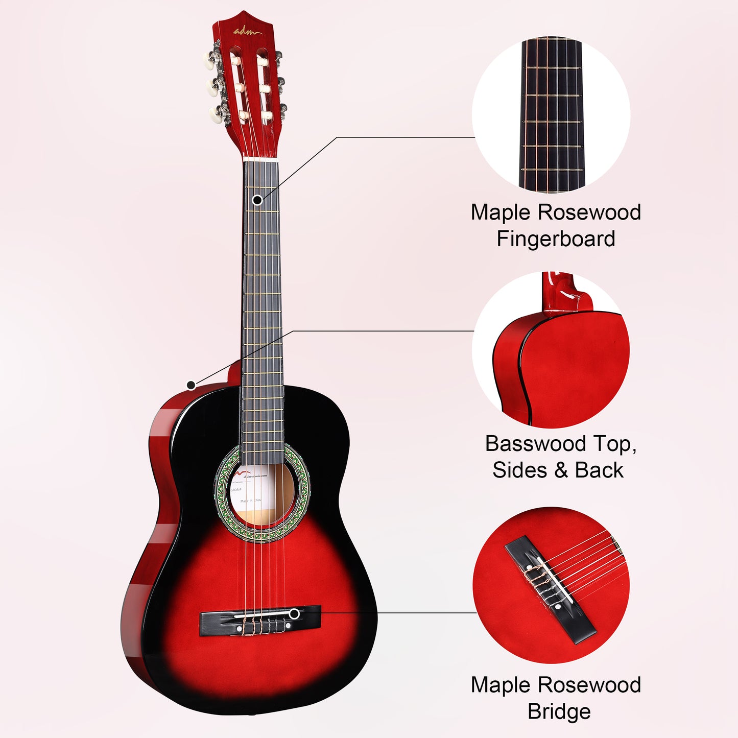 ADM Beginner Acoustic Classical Guitar Nylon Strings Wooden Guitar Bundle Kit for Kid Boy Girl Student Youth Guitarra Online Lessons with Gig Bag, Strap, Tuner, Strings, Picks (34 Inch, Redburst)