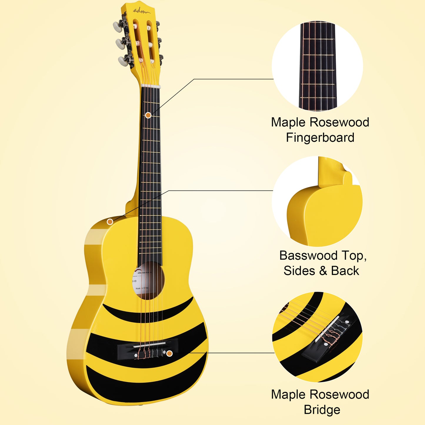 ADM Beginner Acoustic Classical Guitar Nylon Strings Wooden Guitar Bundle Kit for Kid Boy Girl Student Youth Guitarra Online Lessons with Gig Bag, Strap, Tuner, Picks (30 Inch, Honey Bee)