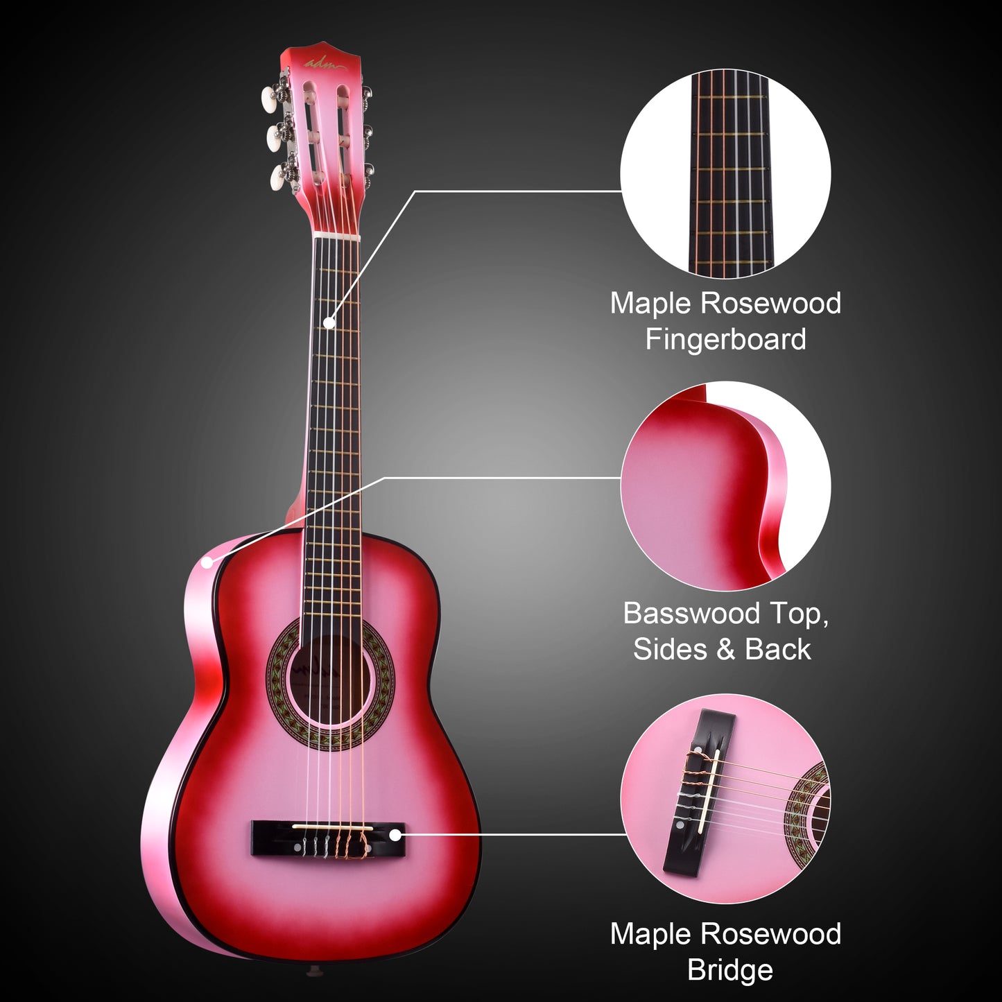 ADM Beginner Acoustic Classical Guitar 30 Inch Nylon Strings Wooden Guitar Bundle Kit for Kid Boy Girl Student Youth Guitarra Online Lessons with Gig Bag, Strap, Tuner, Extra Strings, Picks,Pink