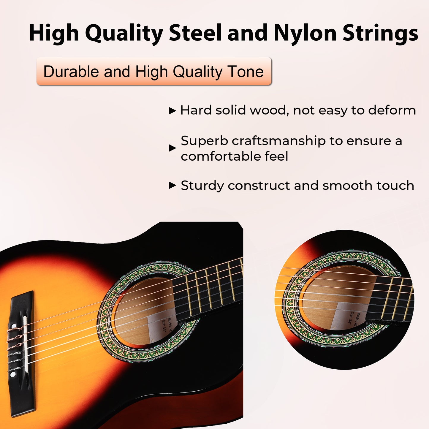 ADM Beginner Acoustic Classical Guitar Nylon Strings Wooden Guitar Bundle Kit for Kid Boy Girl Student Youth Guitarra Online Lessons with Gig Bag, Strap, Tuner, Strings, Picks (34 Inch, Sunburst)