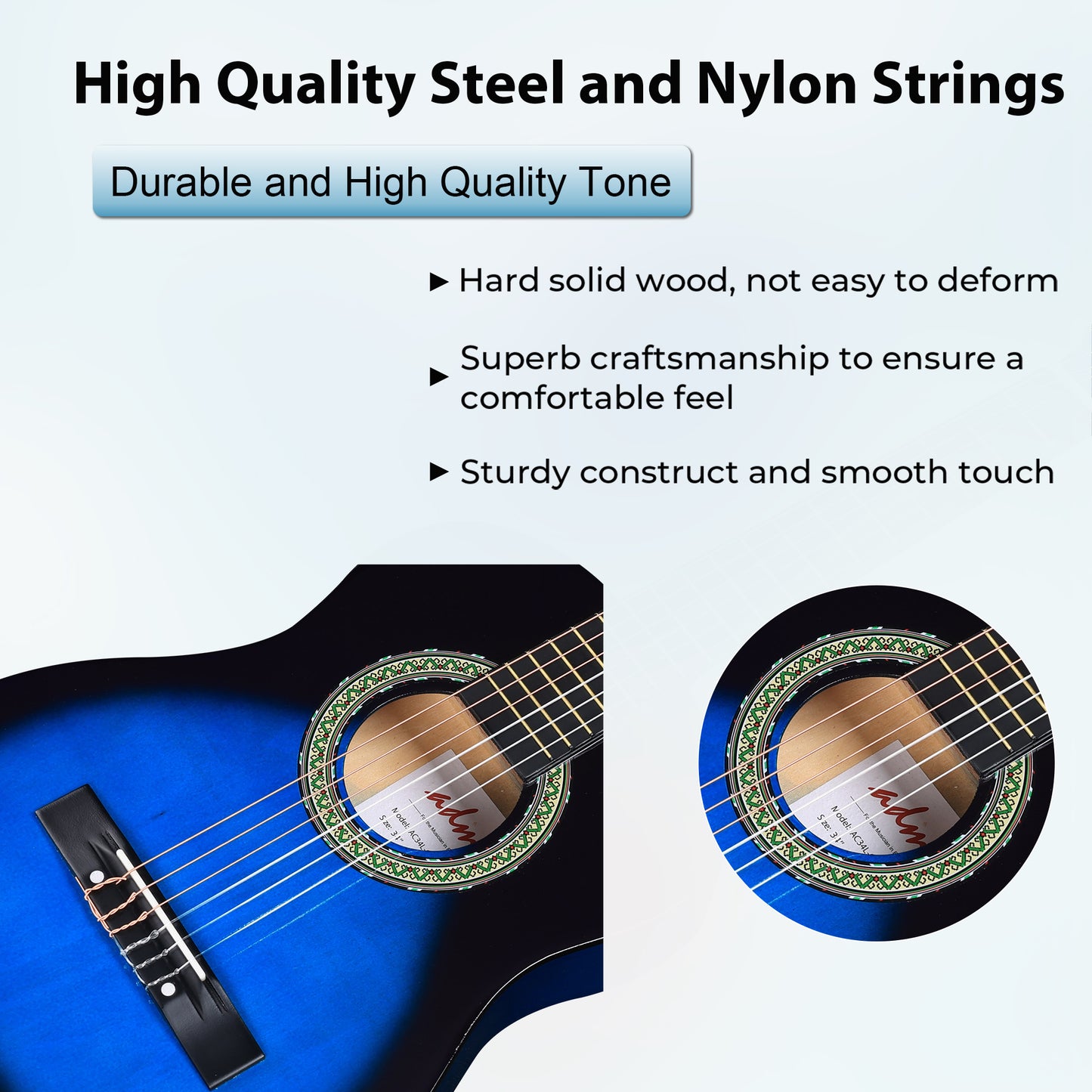 ADM Beginner Acoustic Classical Guitar Nylon Strings Wooden Guitar Bundle Kit for Kid Boy Girl Student Youth Guitarra Online Lessons with Gig Bag, Strap, Tuner, Strings, Picks (34 Inch, Blueburst)