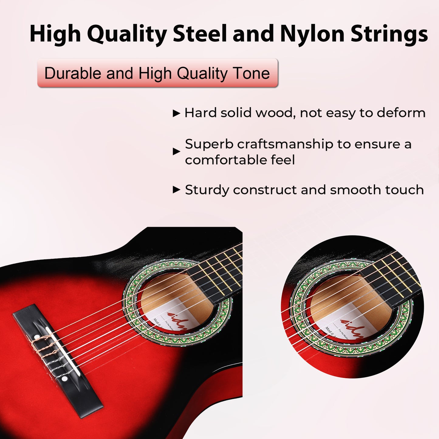 ADM Beginner Acoustic Classical Guitar Nylon Strings Wooden Guitar Bundle Kit for Kid Boy Girl Student Youth Guitarra Online Lessons with Gig Bag, Strap, Tuner, Strings, Picks (34 Inch, Redburst)