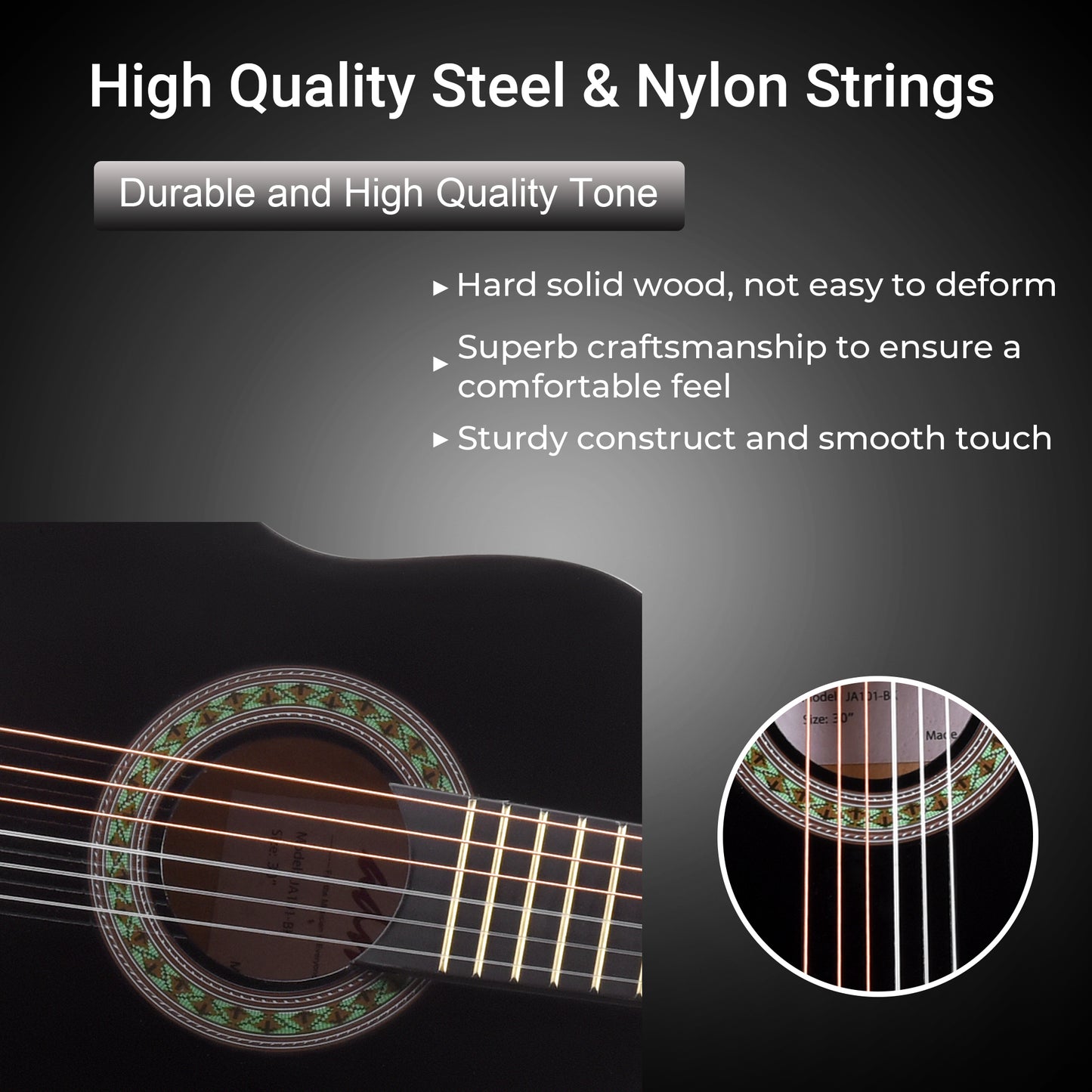 ADM Beginner Acoustic Classical Guitar 30 Inch Nylon Strings Wooden Guitar Bundle Kit for Kid Boy Girl Student Youth Guitarra Online Lessons with Gig Bag, Strap, Tuner, Extra Strings, Picks,Black