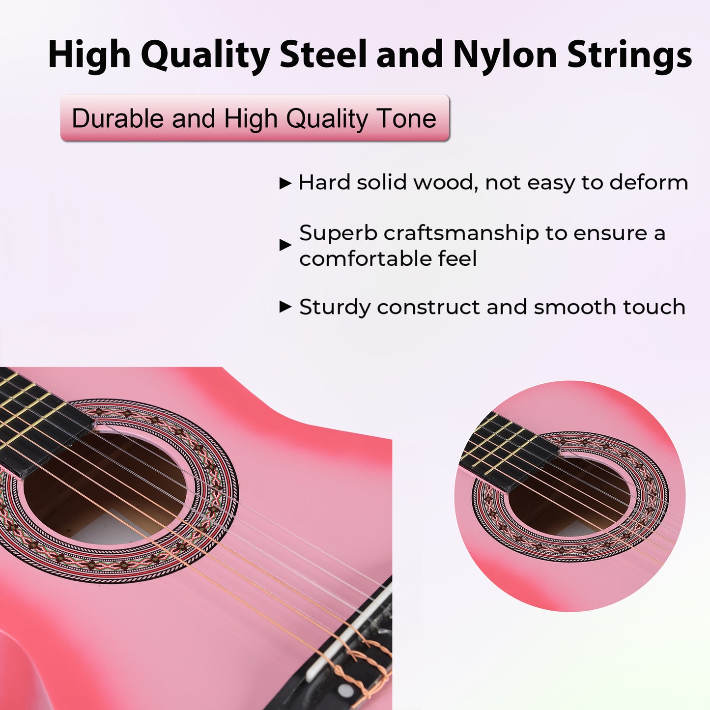 ADM Beginner Acoustic Classical Guitar 34 Inch Nylon Strings Wooden Guitar Bundle Kit for Kid Boy Girl Student Youth Guitarra Online Lessons with Gig Bag, Strap, Tuner, Strings, Picks, Pink