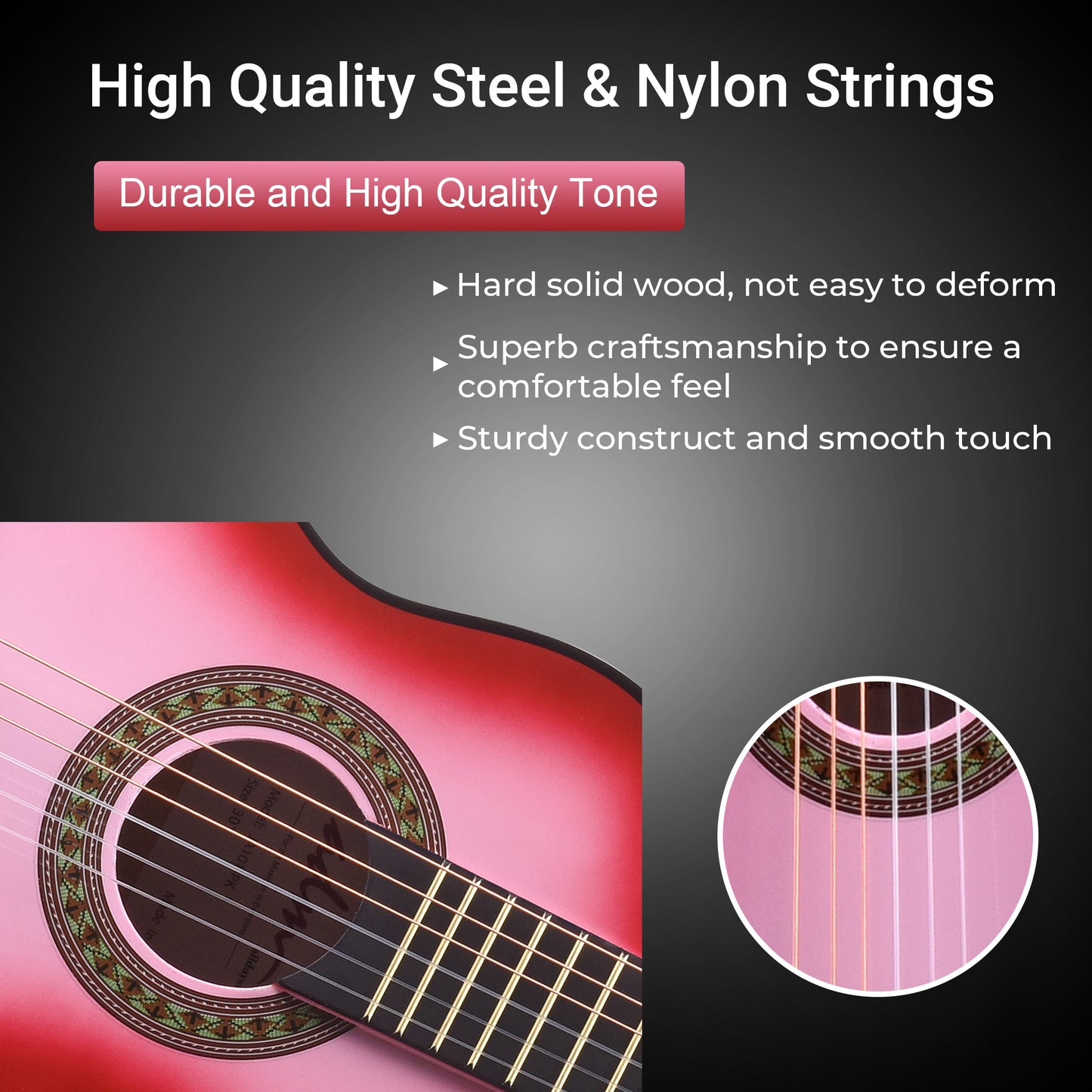 ADM Beginner Acoustic Classical Guitar 30 Inch Nylon Strings Wooden Guitar Bundle Kit for Kid Boy Girl Student Youth Guitarra Online Lessons with Gig Bag, Strap, Tuner, Extra Strings, Picks,Pink