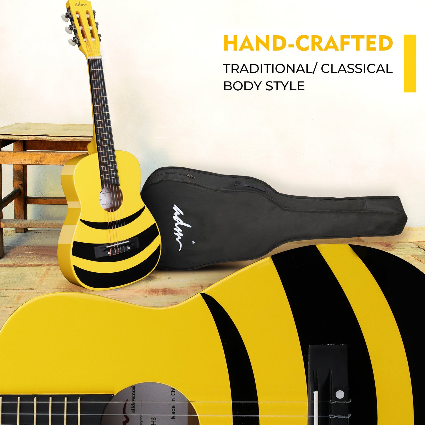 ADM Beginner Acoustic Classical Guitar Nylon Strings Wooden Guitar Bundle Kit for Kid Boy Girl Student Youth Guitarra Online Lessons with Gig Bag, Strap, Tuner, Picks (30 Inch, Honey Bee)