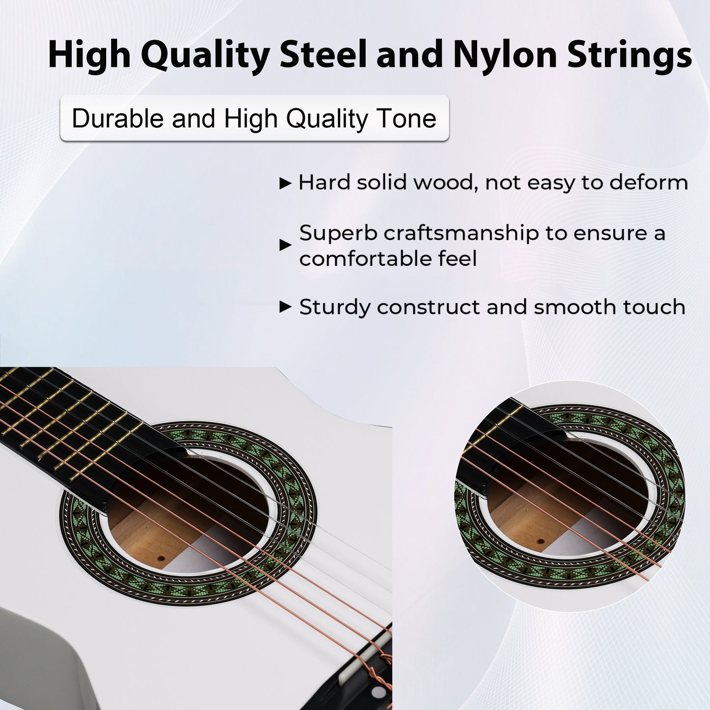 ADM Beginner Acoustic Classical Guitar Nylon Strings Wooden Guitar Bundle Kit for Kid Boy Girl Student Youth Guitarra Online Lessons with Gig Bag, Strap, Tuner, Picks (30 Inch, White)