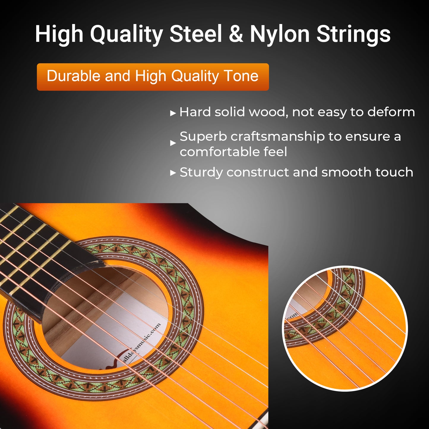 ADM Beginner Acoustic Classical Guitar 30 Inch Nylon Strings Wooden Guitar Bundle Kit for Kid Boy Girl Student Youth Guitarra Online Lessons with Gig Bag, Strap, Tuner, Extra String,Pick,Sunbrust