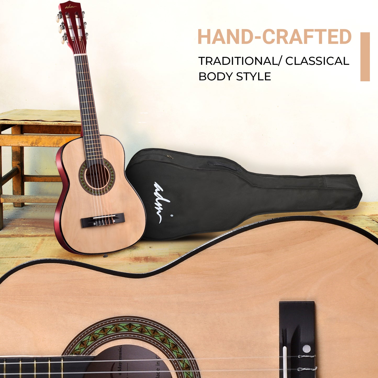 ADM Beginner Acoustic Classical Guitar 30 Inch Nylon Strings Wooden Guitar Bundle Kit for Kid Boy Girl Student Youth Guitarra Online Lessons with Gig Bag, Strap, Tuner, Extra String, Pick,Natural