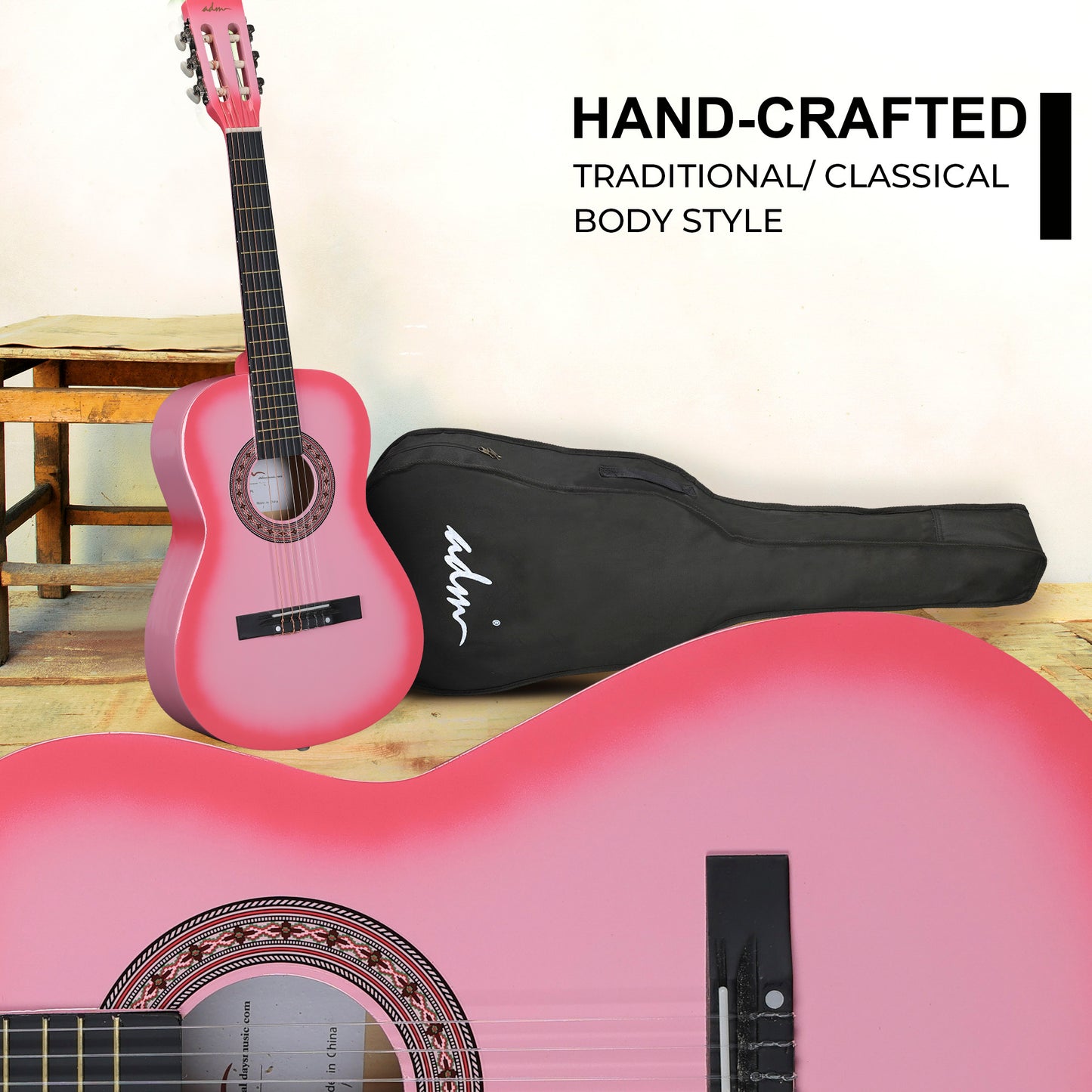 ADM Beginner Acoustic Classical Guitar 34 Inch Nylon Strings Wooden Guitar Bundle Kit for Kid Boy Girl Student Youth Guitarra Online Lessons with Gig Bag, Strap, Tuner, Strings, Picks, Pink