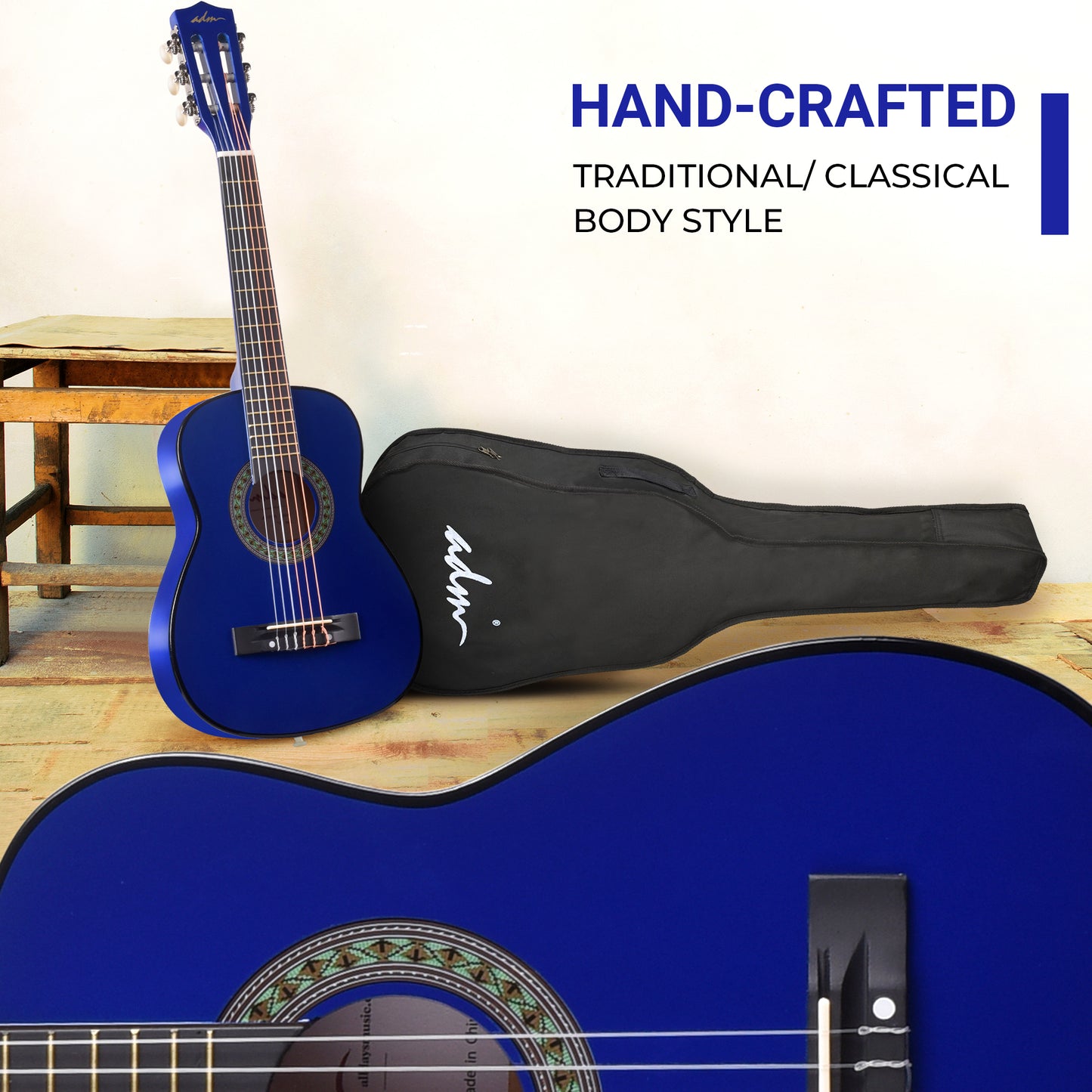 ADM Beginner Acoustic Classical Guitar 30 Inch Nylon Strings Wooden Guitar Bundle Kit for Kid Boy Girl Student Youth Guitarra Online Lessons with Gig Bag, Strap, Tuner, Extra Strings, Picks,Blue