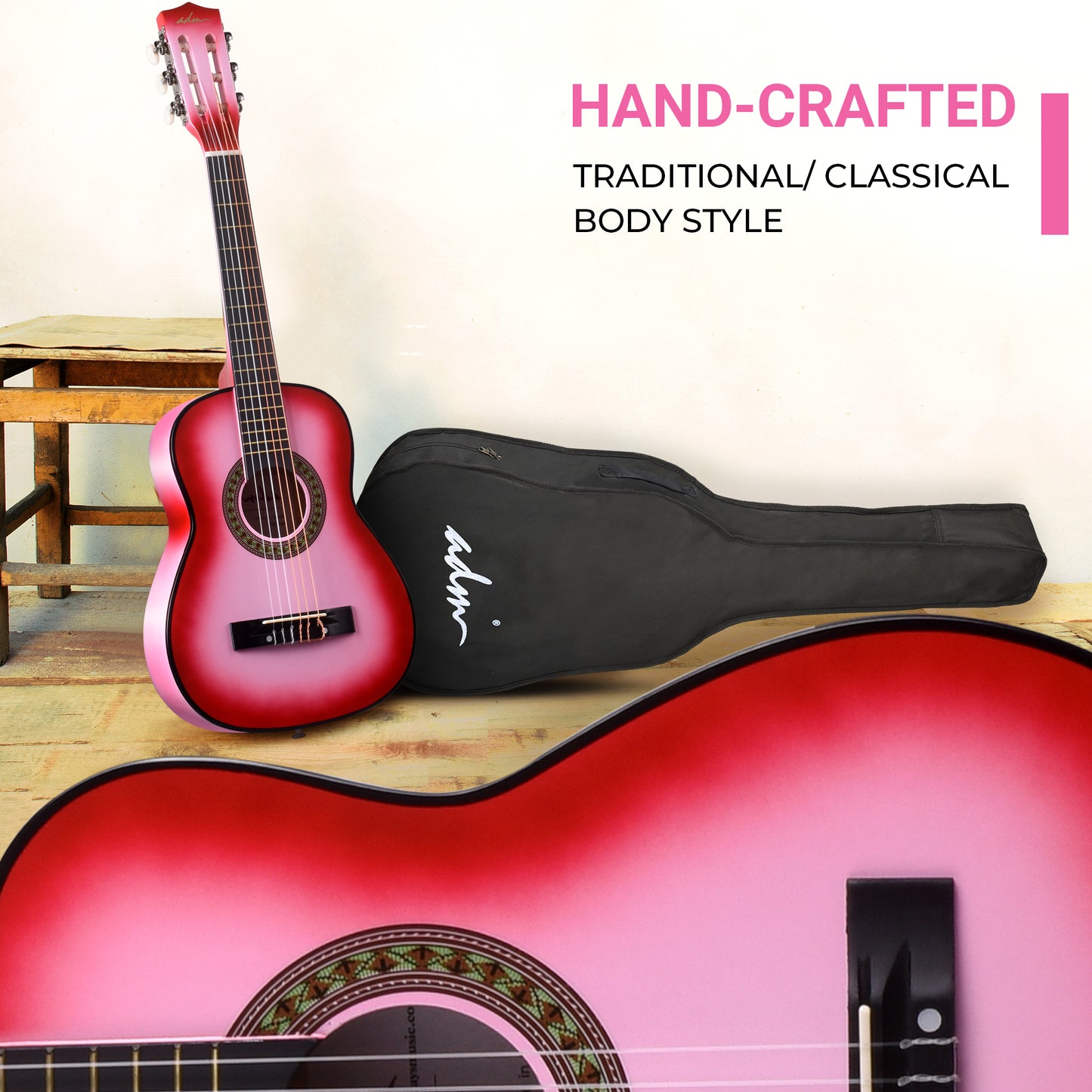 ADM Beginner Acoustic Classical Guitar 30 Inch Nylon Strings Wooden Guitar Bundle Kit for Kid Boy Girl Student Youth Guitarra Online Lessons with Gig Bag, Strap, Tuner, Extra Strings, Picks,Pink