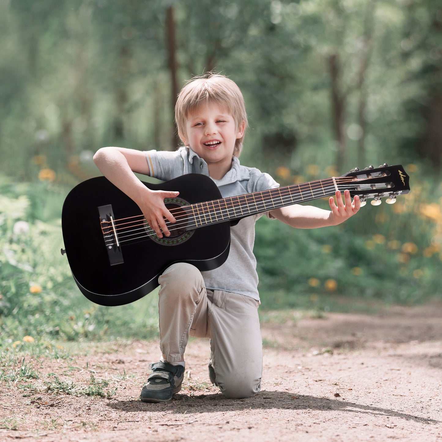 ADM Beginner Acoustic Classical Guitar 30 Inch Nylon Strings Wooden Guitar Bundle Kit for Kid Boy Girl Student Youth Guitarra Online Lessons with Gig Bag, Strap, Tuner, Extra Strings, Picks,Black