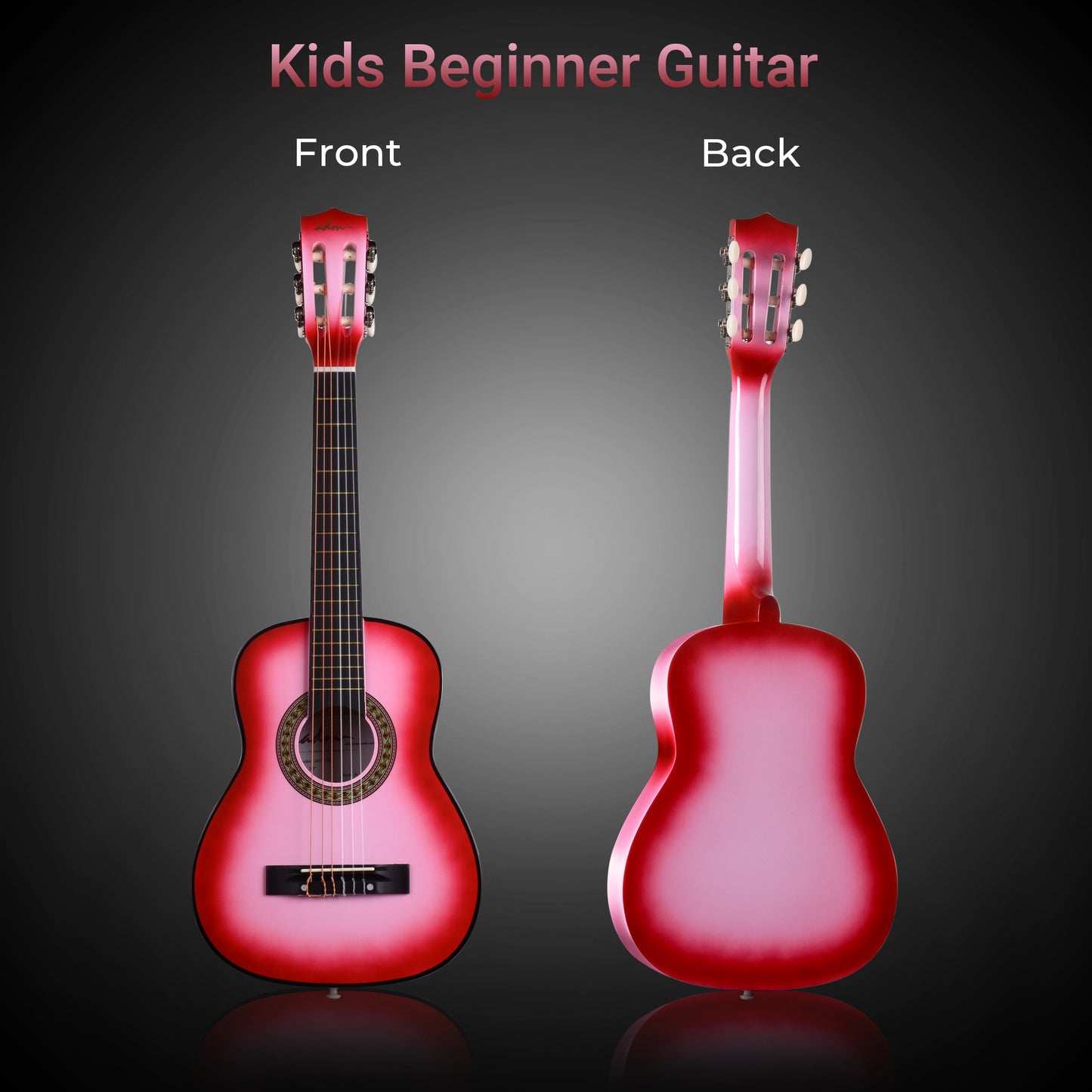 ADM Beginner Acoustic Classical Guitar 30 Inch Nylon Strings Wooden Guitar Bundle Kit for Kid Boy Girl Student Youth Guitarra Online Lessons with Gig Bag, Strap, Tuner, Extra Strings, Picks,Pink