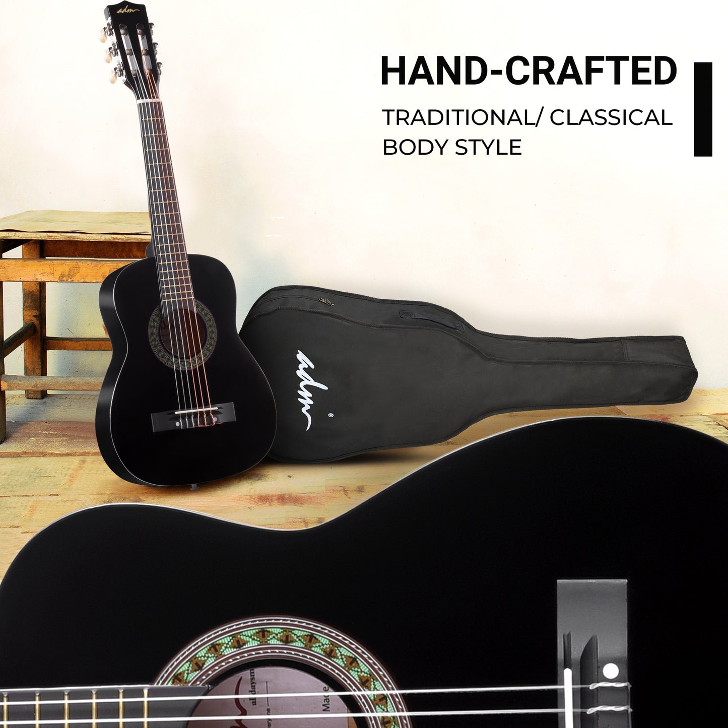 ADM Beginner Acoustic Classical Guitar 30 Inch Nylon Strings Wooden Guitar Bundle Kit for Kid Boy Girl Student Youth Guitarra Online Lessons with Gig Bag, Strap, Tuner, Extra Strings, Picks,Black