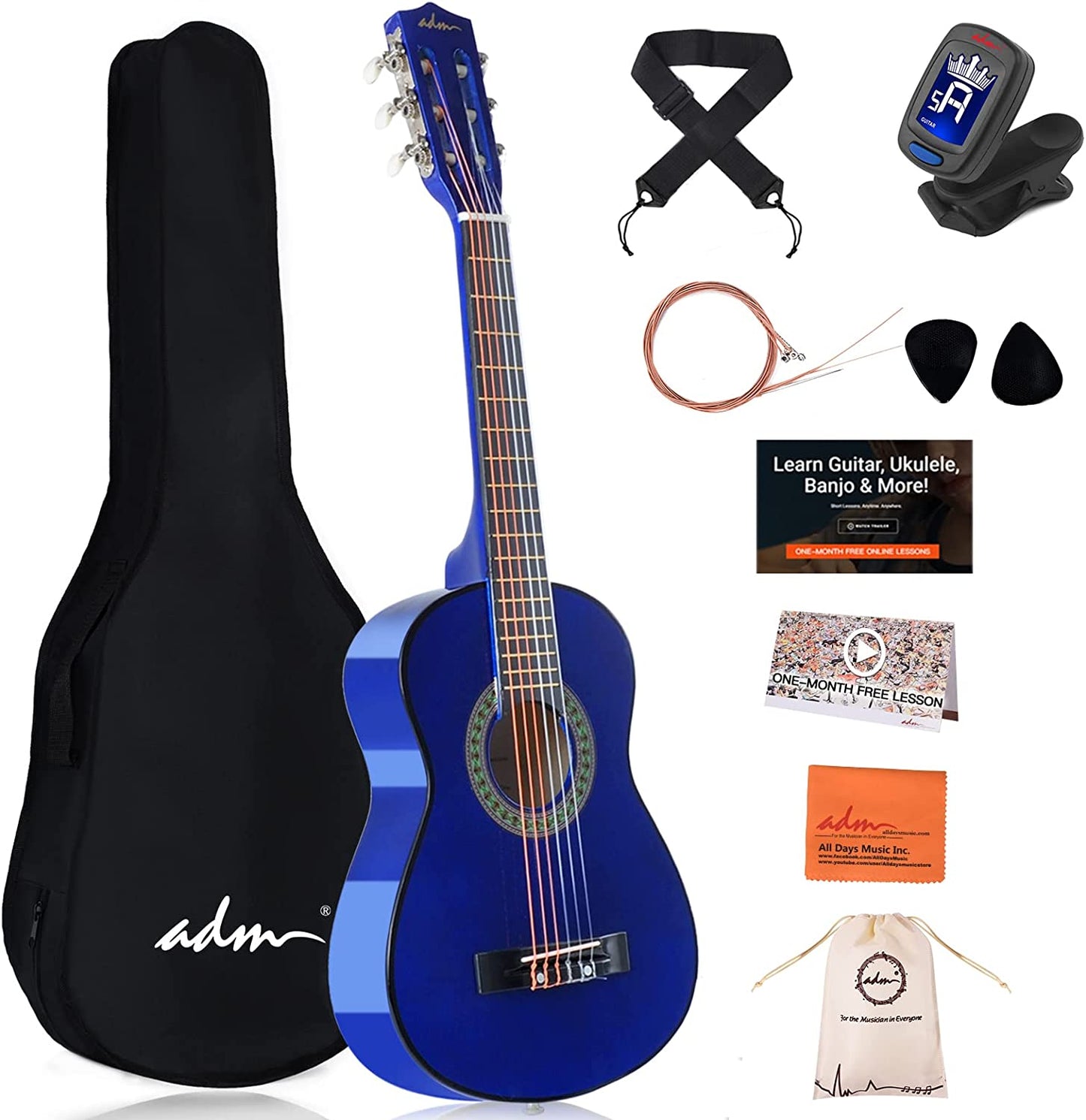 ADM Beginner Acoustic Classical Guitar 30 Inch Nylon Strings Wooden Guitar Bundle Kit for Kid Boy Girl Student Youth Guitarra Online Lessons with Gig Bag, Strap, Tuner, Extra Strings, Picks,Blue